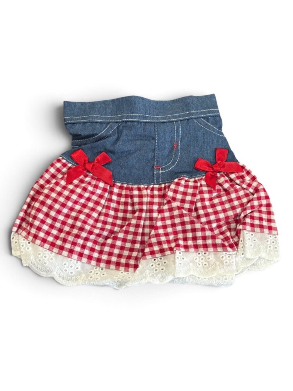 Nannette Girls Denim Gingham Ruffle Skirt Red White Check Lace Trim Bow Detail